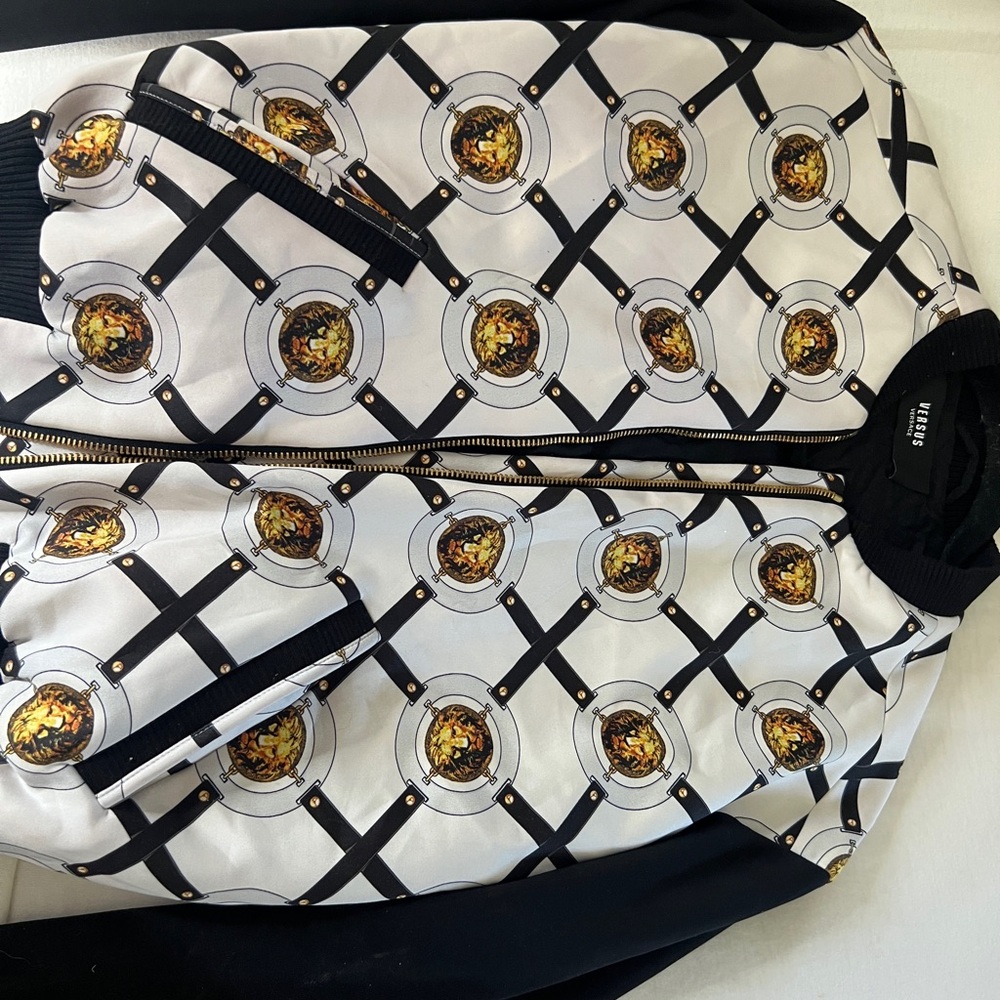 Versace women’s Black, White, & Gold Medusa Bomber Jacket